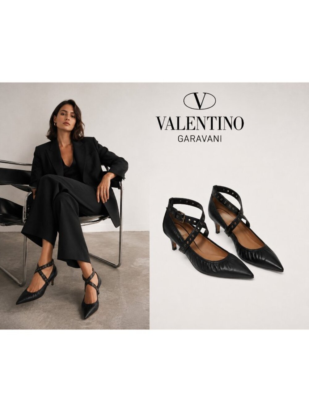 Valentino Garavani Love Latch Black Leather Grommet Pointed Toe Pumps EU 37